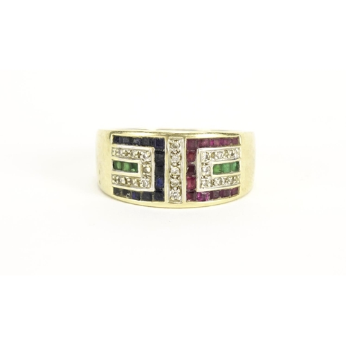 2365 - 9ct gold multi gem ring set with diamonds, sapphires, ruby's and emeralds, size Q, 4.7g