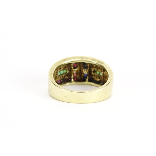 2365 - 9ct gold multi gem ring set with diamonds, sapphires, ruby's and emeralds, size Q, 4.7g