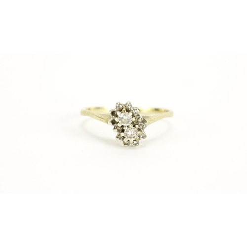 2381 - 9ct gold diamond double flower head ring, size O, 1.5g