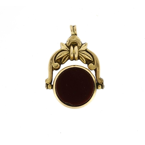 2370 - 9ct gold bloodstone and carnelian spinner fob, 3.5cm high, 5.3g