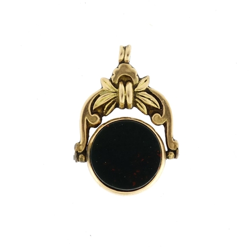 2370 - 9ct gold bloodstone and carnelian spinner fob, 3.5cm high, 5.3g