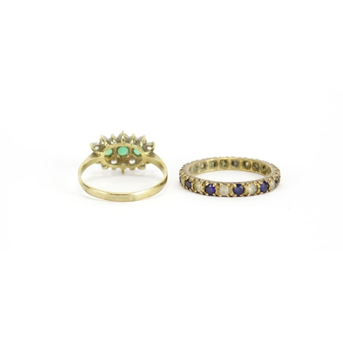2385 - Two 9ct gold rings set with colourful stones, sizes L and M, 3.7g