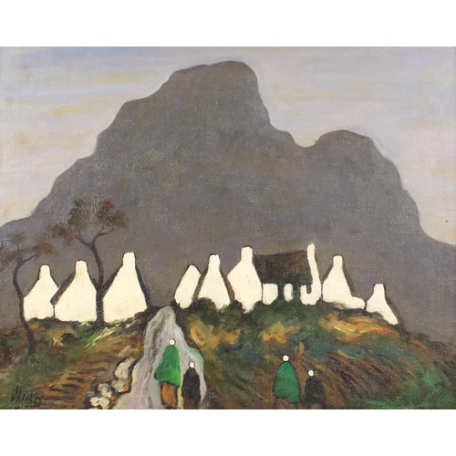 2055 - Figures before cottages and mountains, Irish school oil, bearing a signature Markey, framed, 49cm x ... 
