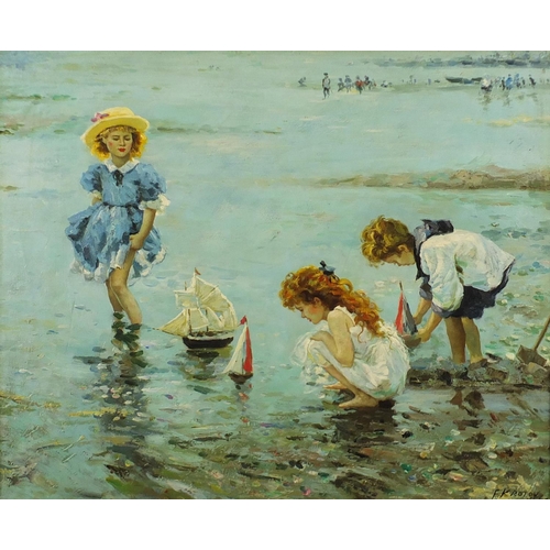 2137 - Children with toy boats on a beach, Russian school oil on board, bearing a signature F Krotov, 60cm ... 