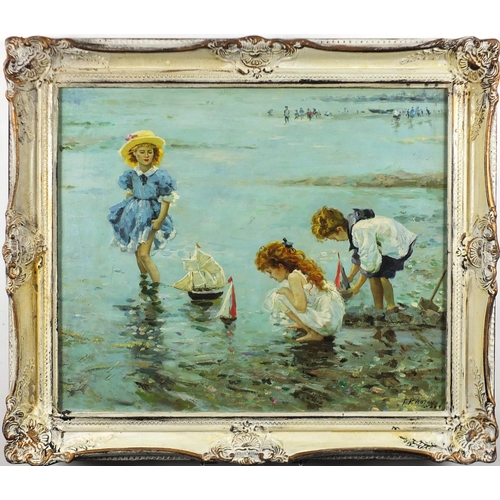 2137 - Children with toy boats on a beach, Russian school oil on board, bearing a signature F Krotov, 60cm ... 