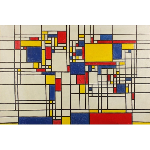 2281 - After Piet Mondrian - Abstract composition, geometric shapes, oil on board, framed, 75cm x 49cm