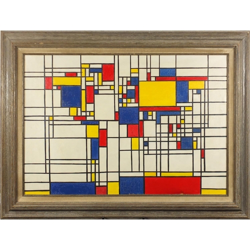 2281 - After Piet Mondrian - Abstract composition, geometric shapes, oil on board, framed, 75cm x 49cm