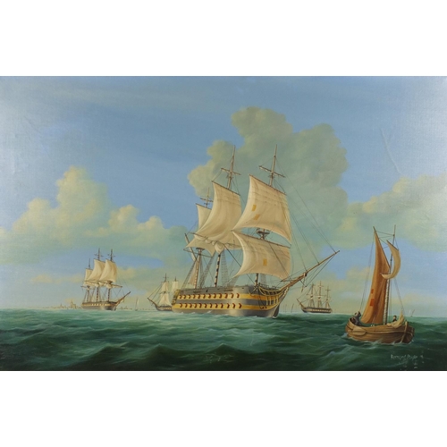 2098 - Bernard Page - Ships on calm seas just off the coast, oil on canvas, framed, 90cm x 59.5cm