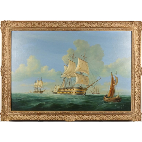2098 - Bernard Page - Ships on calm seas just off the coast, oil on canvas, framed, 90cm x 59.5cm