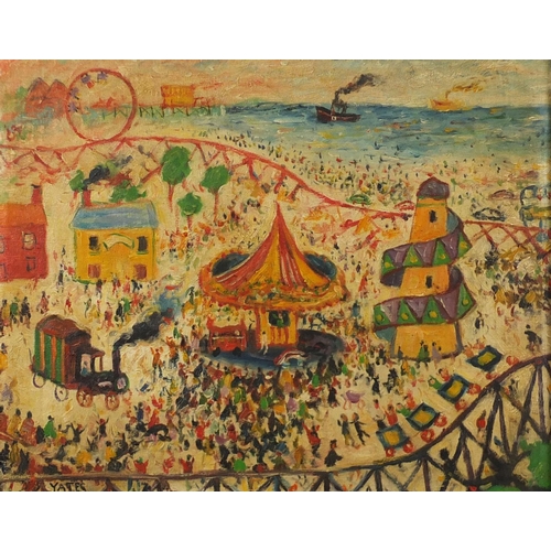 2023 - Fairground by the sea, oil on canvas, bearing a signature Yates, framed, 48.5cm x 39cm