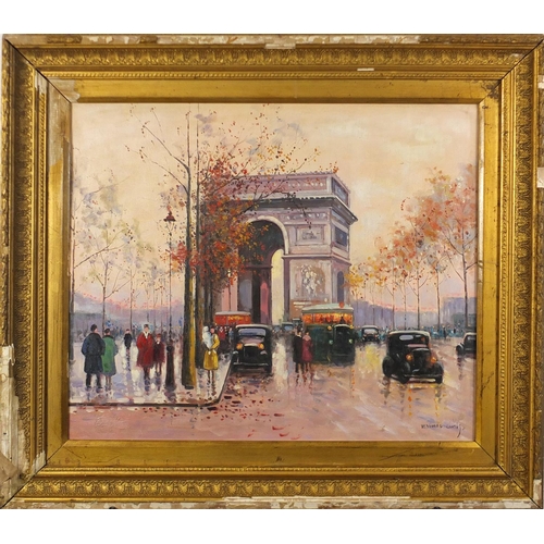 2024 - Manner of Edward Coates - The Arc de Triomphe, oil on board, mounted and framed, 60cm x 50cm