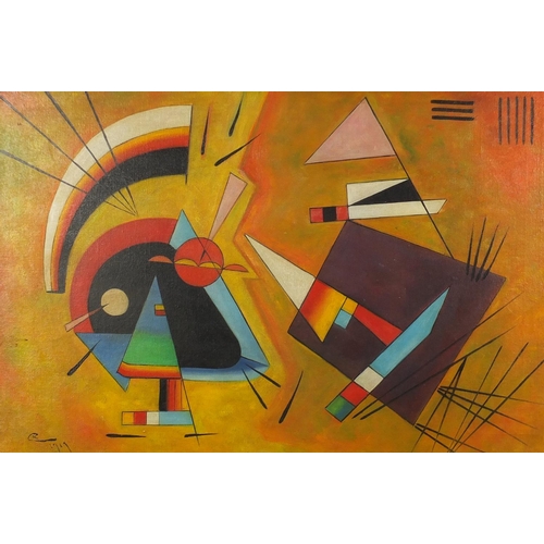2028 - Abstract composition, Russian school oil on board, bearing a monogram CK, framed, 75cm x 50cm