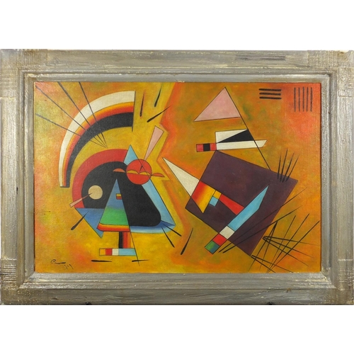 2028 - Abstract composition, Russian school oil on board, bearing a monogram CK, framed, 75cm x 50cm
