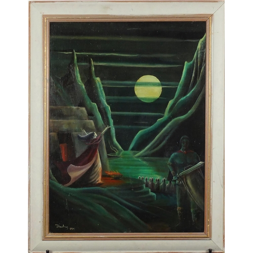 2027 - Knight before water, surreal school oil on board, bearing a signature J Armstrong, framed, 60cm x 44... 