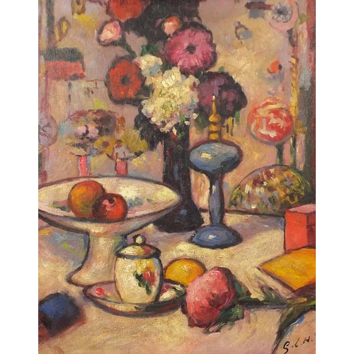 2056 - Still life flowers and vessels, oil on board, bearing a monogram GCH, framed, 49.5cm x 39cm
