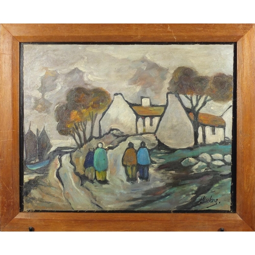 2061 - Figures before cottages, Irish school oil on canvas laid on board, bearing a signature Marley, frame... 
