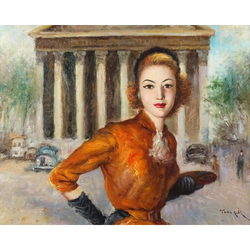 2142 - Female before a building, continental school oil on board, bearing an indistinct signature possibly ... 