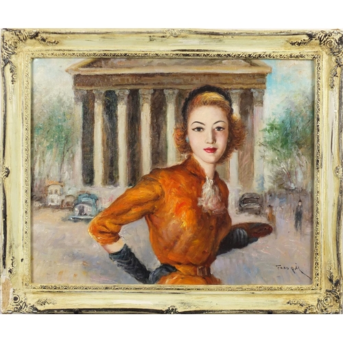 2142 - Female before a building, continental school oil on board, bearing an indistinct signature possibly ... 