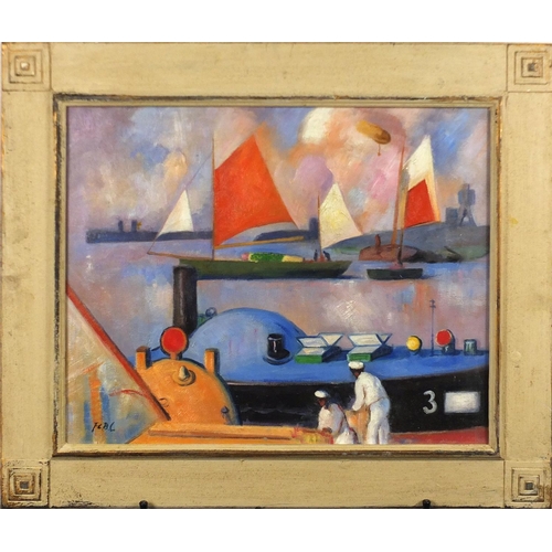 2140 - Sailors before water, oil on board, bearing a monogram FCBC, framed, 49.5cm x 39.5cm