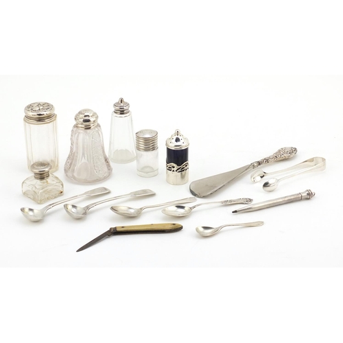 2271 - Silver items including five cut glass jars, Victorian spoons and a propelling pencil, various hallma... 