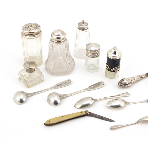 2271 - Silver items including five cut glass jars, Victorian spoons and a propelling pencil, various hallma... 