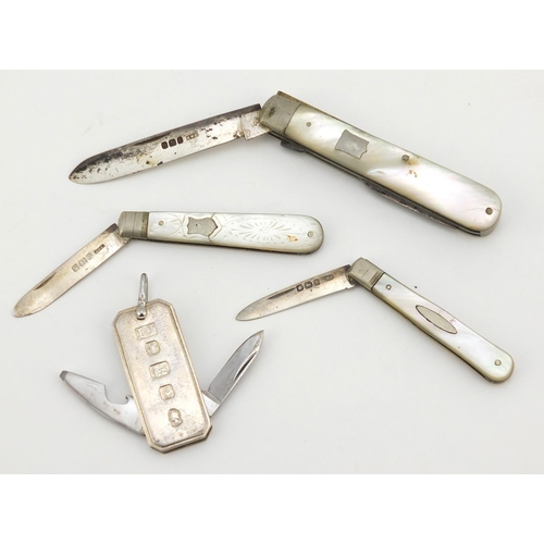2265 - Three silver and mother of pearl folding fruit knives and a silver flanked multi tool, the largest 8... 