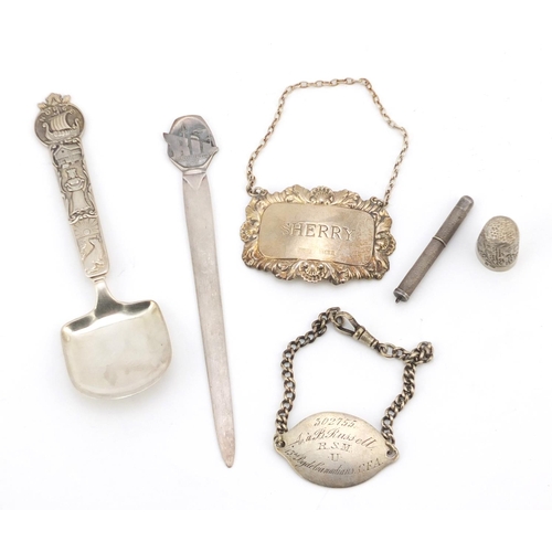 2267 - Silver items including a sherry decanter label, propelling pencil and Norwegian spoon, the largest 1... 