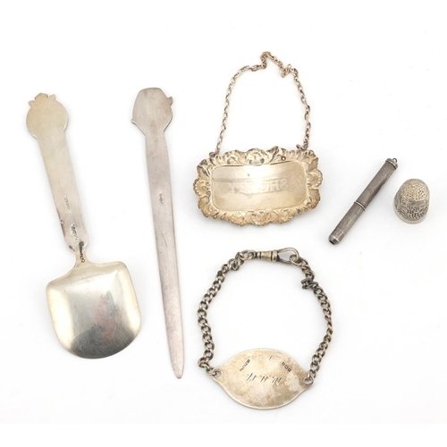 2267 - Silver items including a sherry decanter label, propelling pencil and Norwegian spoon, the largest 1... 