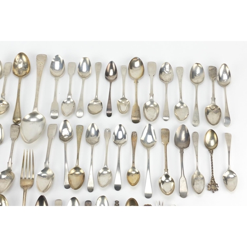 2272 - Large collection of Georgian and later silver spoons and forks, various hallmarks, the largest 21cm ... 