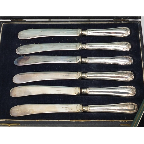 2275 - Set of six silver fish knives and forks with ivorine handles and a set of six silver handled butter ... 