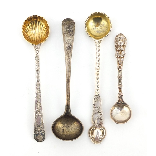 2268 - Four Georgian and later silver mustard spoons, various hallmarks, the largest 10.5cm in length, 39.5... 