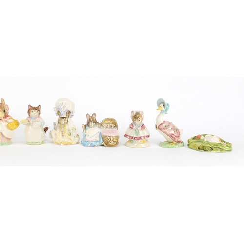 2211 - Nine Royal Albert Beatrix Potter figures including Lady Mouse, Old Mr Brown and Hunca Munca, the lar... 