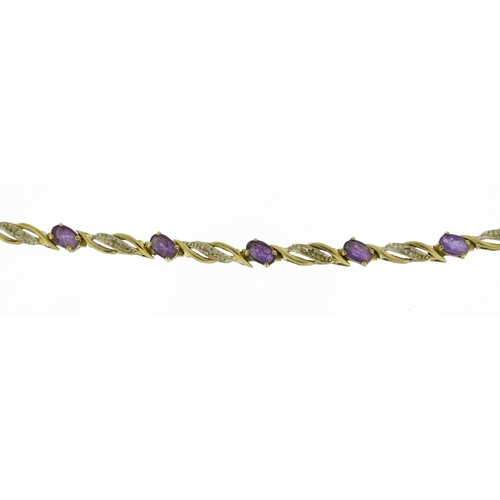 2379 - 9ct gold amethyst and diamond bracelet, 18cm in length, 6.3g