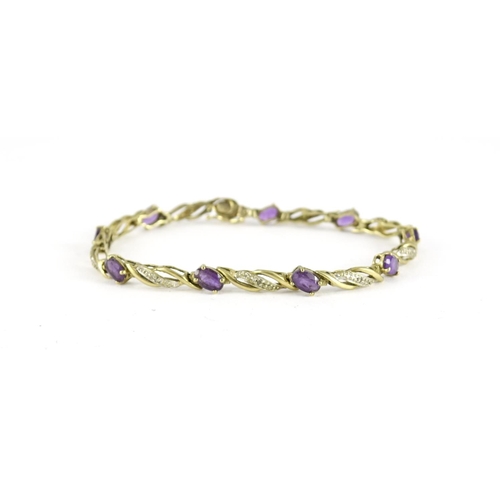 2379 - 9ct gold amethyst and diamond bracelet, 18cm in length, 6.3g