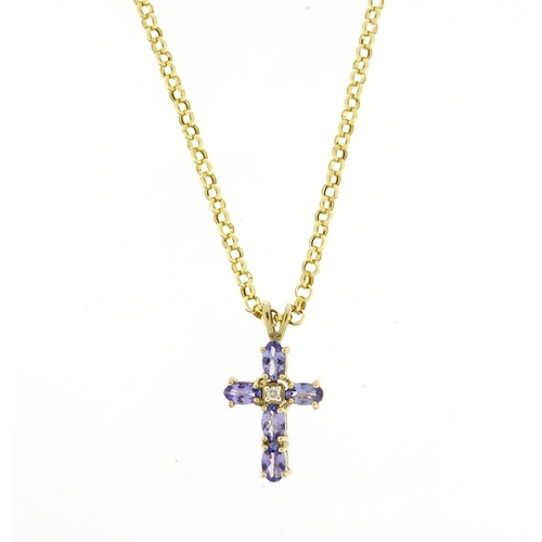 2449 - 9ct gold tanzanite and diamond cross pendant on a 9ct gold necklace, 3.6g