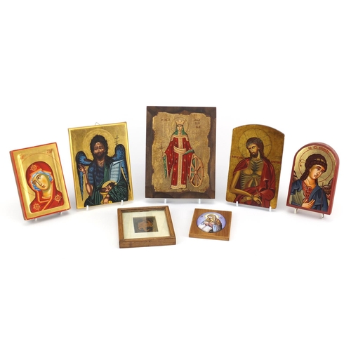 2294 - Predominantly hand painted icons including an enamel onto copper example hand painted with Madonna, ... 