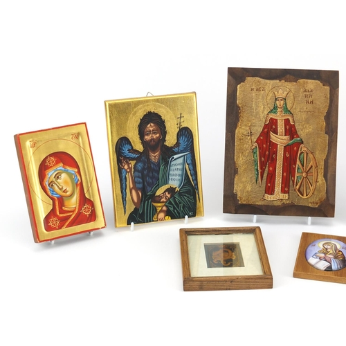 2294 - Predominantly hand painted icons including an enamel onto copper example hand painted with Madonna, ... 