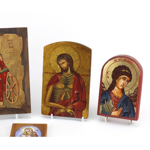 2294 - Predominantly hand painted icons including an enamel onto copper example hand painted with Madonna, ... 