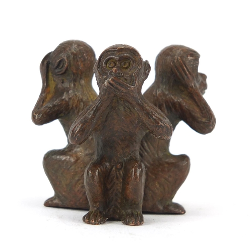 2283 - Japanese patinated bronze group of The Three Wise Monkeys, impressed marks to the base, 4cm high