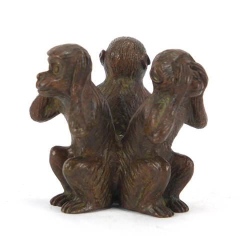 2283 - Japanese patinated bronze group of The Three Wise Monkeys, impressed marks to the base, 4cm high