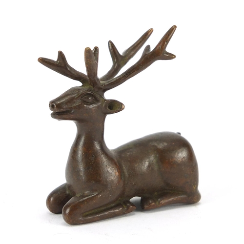 2287 - Japanese patinated bronze stag, impressed marks to the base, 6cm high