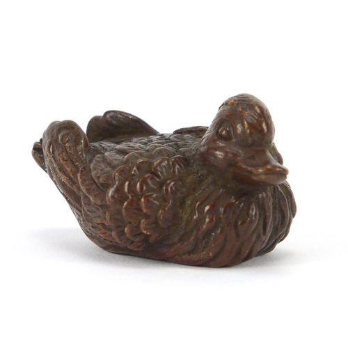 2289 - Japanese patinated bronze duck, impressed marks to the underside, 5cm in length