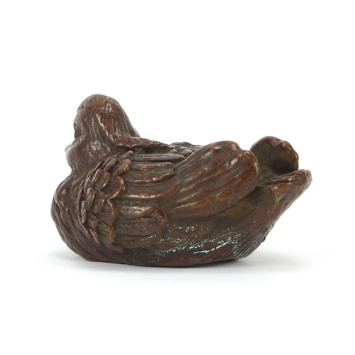 2289 - Japanese patinated bronze duck, impressed marks to the underside, 5cm in length