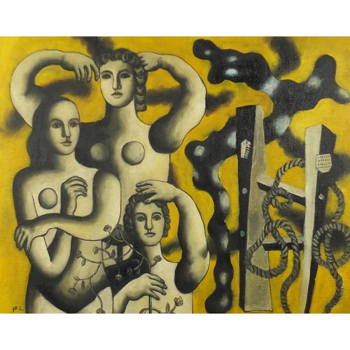 2170 - Three nude figures, surreal school oil on board, bearing a monogram FL, mounted and framed, 48cm x 3... 