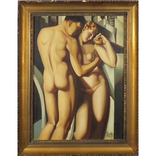 2058 - After Tamara de Lempicka - Two nude Art Deco figures, oil on board, framed, 58.5cm x 43cm