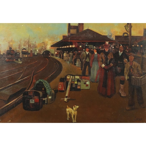 2280 - Figures at a station, Irish school oil on board, bearing a signature Conor, framed, 49.5cm x 34.5cm