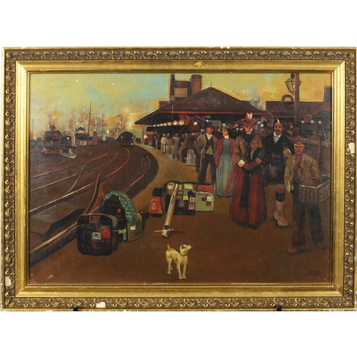 2280 - Figures at a station, Irish school oil on board, bearing a signature Conor, framed, 49.5cm x 34.5cm