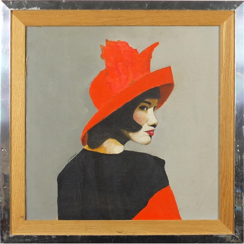 2100 - Portrait of an Asian girl, oil on board, bearing a signature J Kramer, mounted and framed, 39cm x 39... 