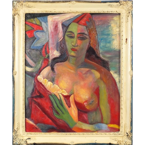 2096 - Scantily dressed female, oil on board, bearing an indistinct signature and inscription verso, framed... 