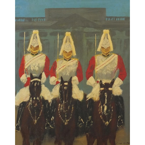 2167 - Manner of Paul Maze - Guards on horseback, oil on board, framed, 38cm x29.5cm